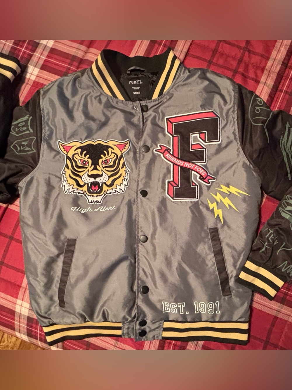Friends Not Foes Balsam Green, Gray and Black Varsity Bomber Jacket